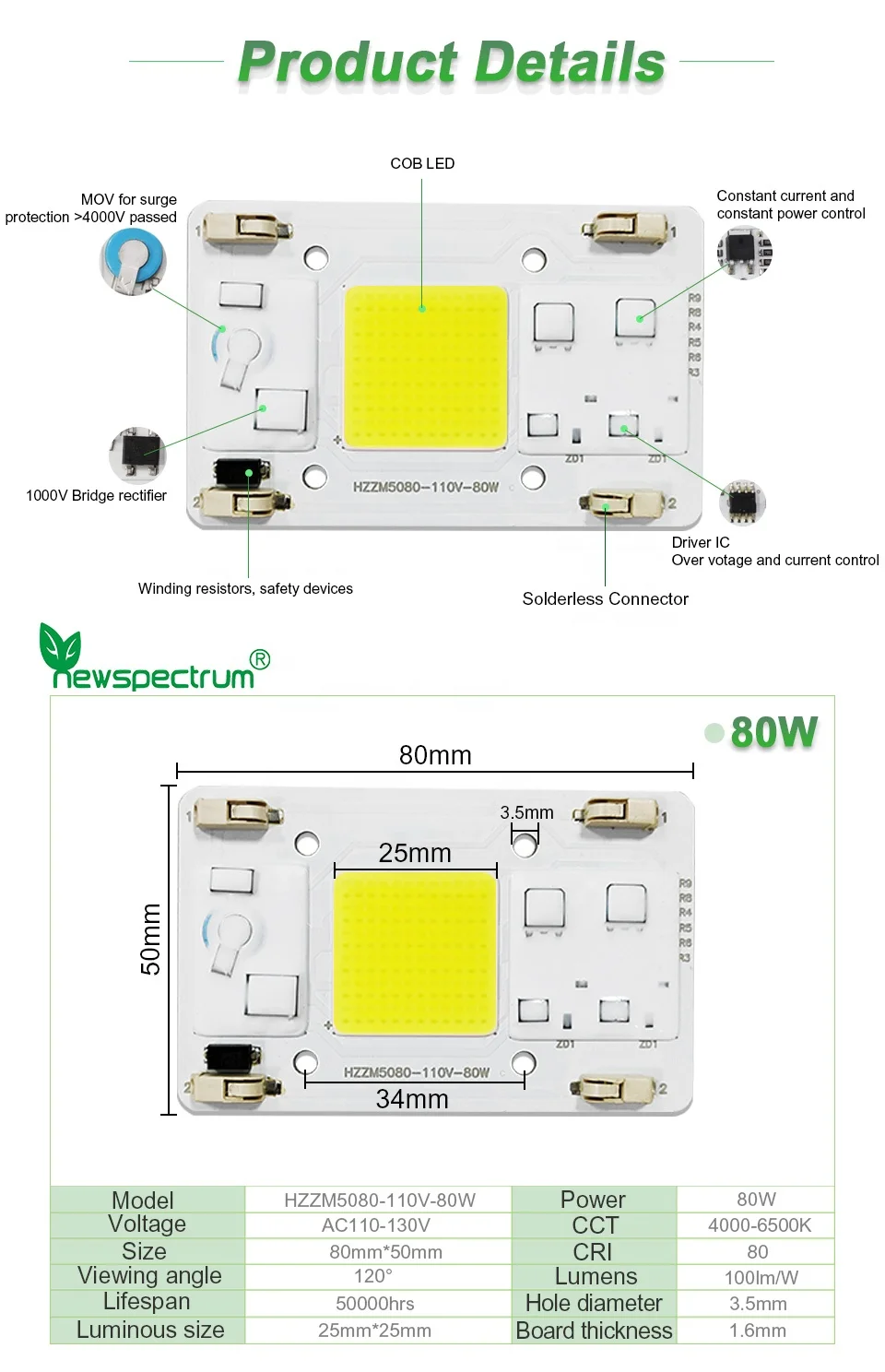 Newspectrum 4075 LED Encapsulation Series Solderless Connector AC110V 220V 50w LED Chip Outdoor light COB LED Chip 50W