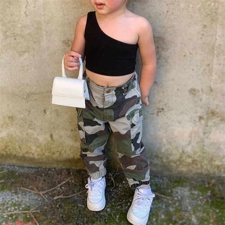 2023 new summer little girls clothing sets sexy letter print crop vest camouflage pant two piece toddler girl clothes set