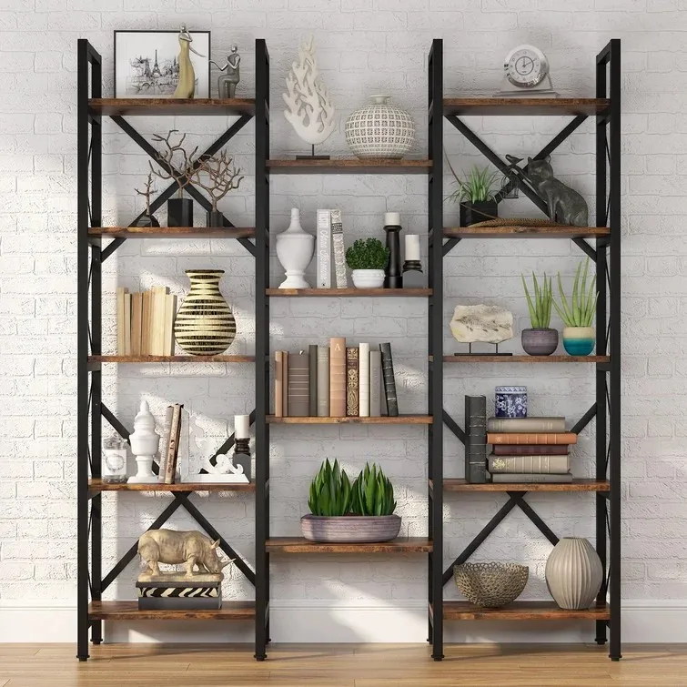 Rustic Large Open Metal Framed Bookshelf Tall Free Combination Office Bookcase Book Shelf Cabinet Rack Wood Wall Bookshelves