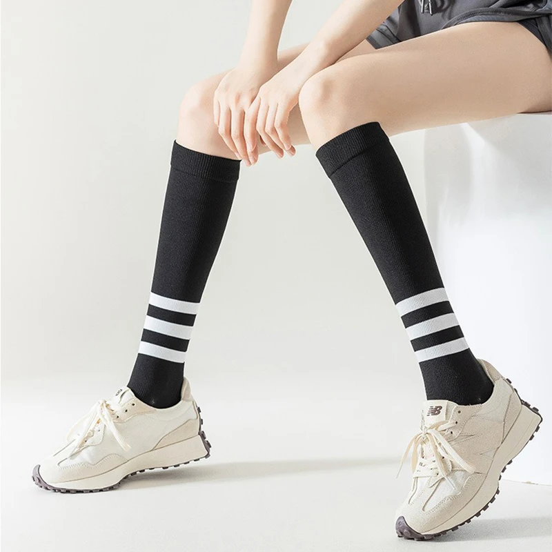 Women Marathon Cycling Compression Long Socks Knee High Sport Socks Tennis with Stripes