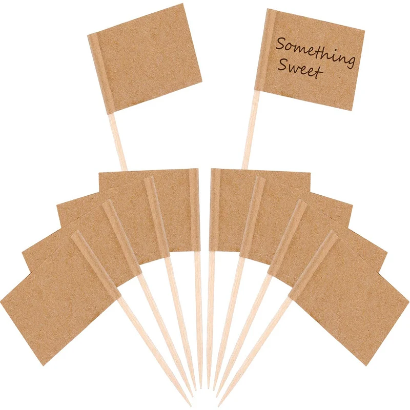 Custom kraft paper blank toothpick flag cheese tag white flag label for party cake food cheese appetizer