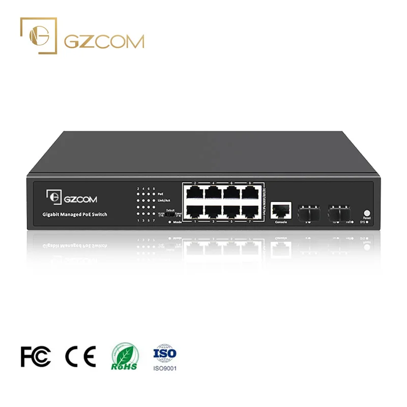 GZCOM Fanless Design Network Gigabit 8 Ports Managed Ethernet PoE Switches With 2 SFP Ports For CCTV IP Camera