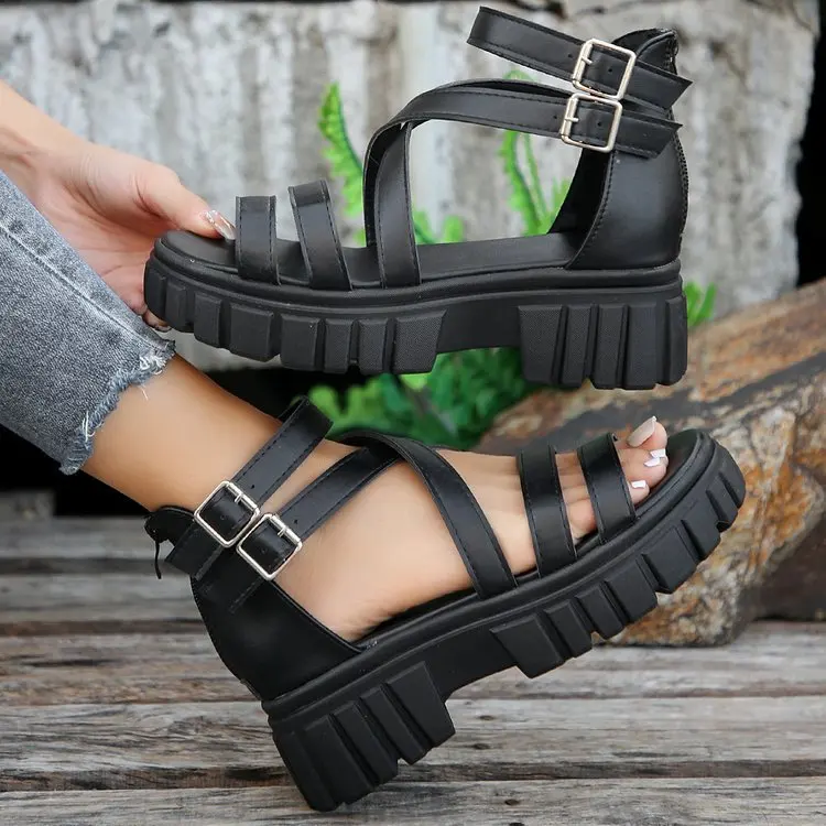 Fashion Women Pu Leather Ankle Buckle Slingback Platform Sandals Lady Summer Casual Beach Sandals Korean Style Boho Shoes