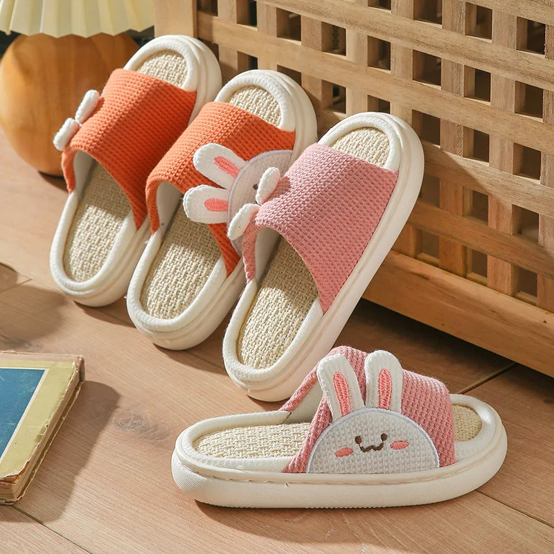 2022 Cartoon Bear Rabbit Linen Slippers For Children Floor Indoor Summer Shoes Cotton Mute Home  Non-slip Slides Slippers