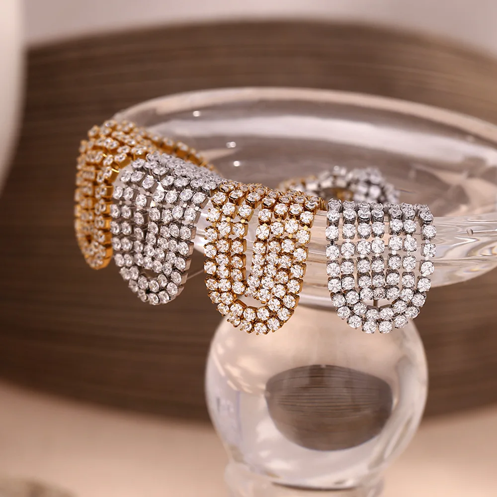 18K Gold Plated Stainless Steel Women Party Jewelry Luxury Shining Diamond Zirconia Chain Fringe Dangle Tassel Earrings