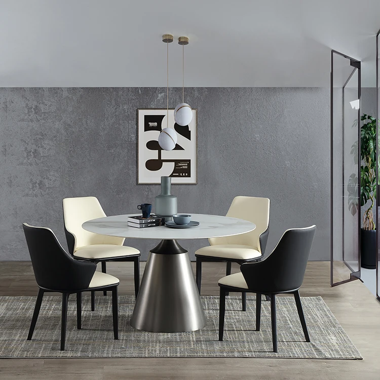 Stainless Steel Legs White Marble Sintered Stone Top Rock Slate Modern Round Minimal Diningroom Furniture Pedestal Dining Table