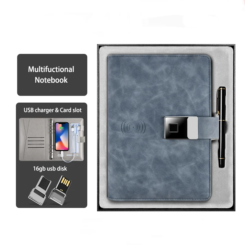 Business Gift Wireless Powerbank Notebooks With Usb Flash Drive A5 Binder Diary Agenda Pu Leather Cover Notebook with Power Bank