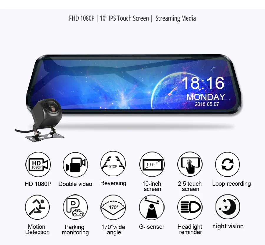 10 Inch HD 1080P Touch Screen Stream Media Car Dvr Dash Cam Dual Lens Rear View Mirror Auto Dashcam Video Recorder Dash Camera