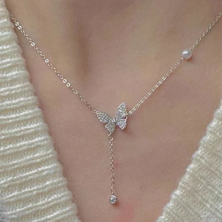 XT-134 Fashion Necklace Design Neck Jewelry Silver Alloy Metal Chain Crystal Pearl Butterfly Necklace