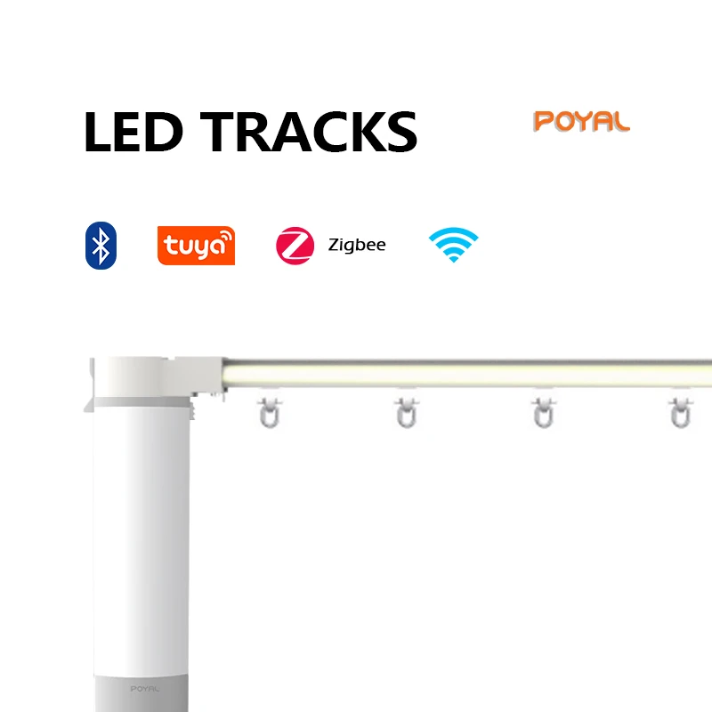 POYAL Custom Length Aluminum Electric Guide rail  Tuya Smart Ceiling Curtain Track with LED Lights