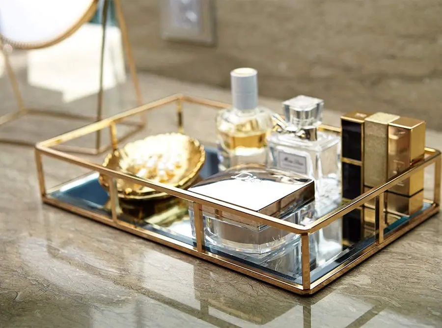 Dresser Decorative Ornate Metal Gold Vanity Jewelry  Organizer Makeup Mirror Tray for Vanity  Dresser Bathroom  Bedroom