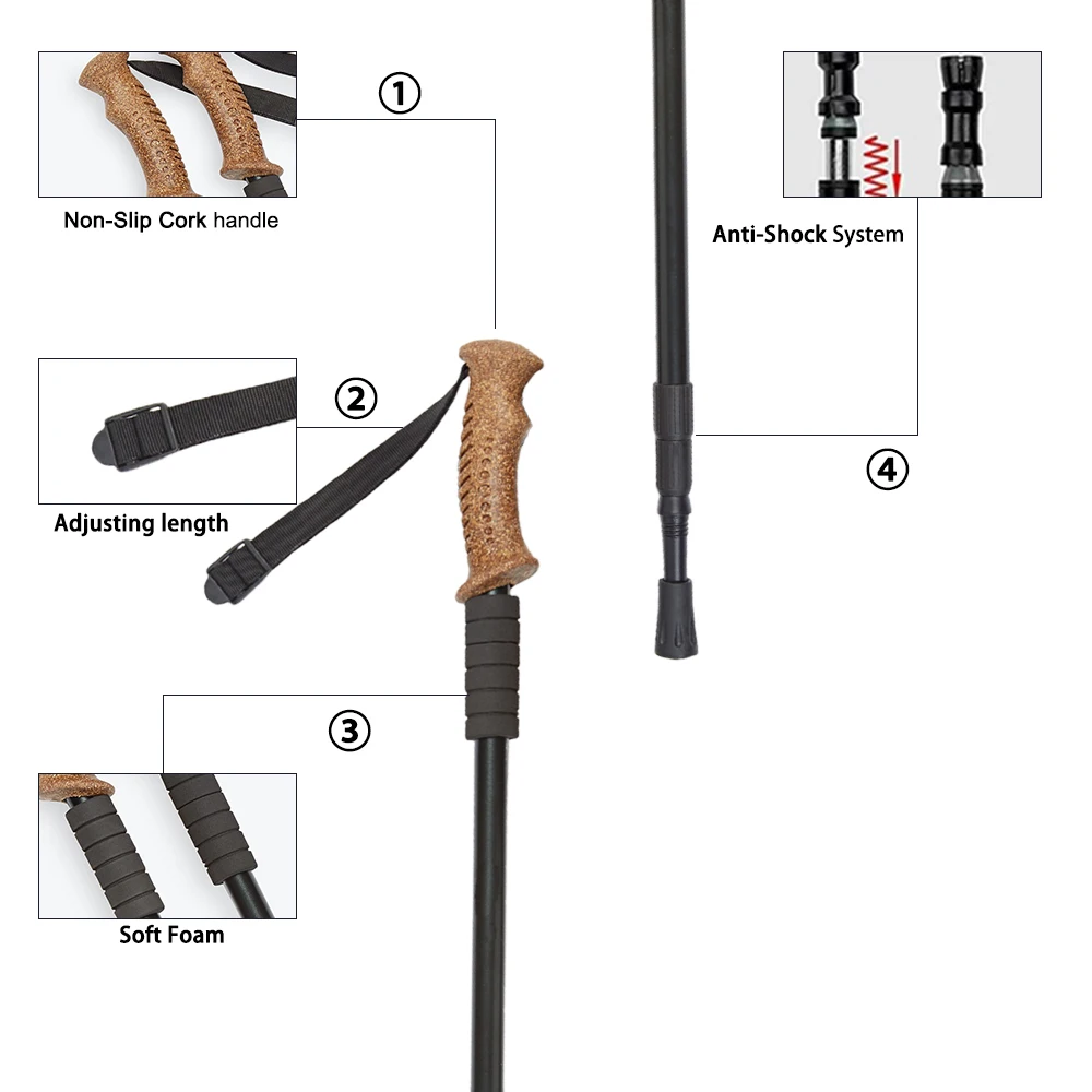 outdoor portable custom cork handle shock absorbing 3 section telescopic nordic walking hiking trekking sticks pole