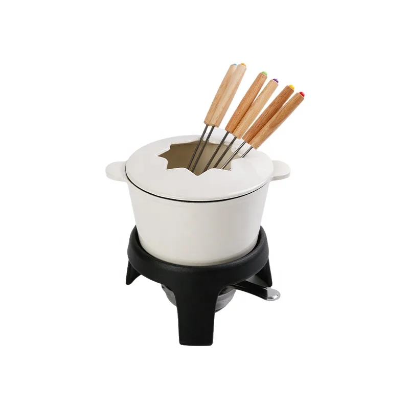High Quality Wholesale Cheap White Enamel Cast Iron Cheese Chocolate Fondue Set
