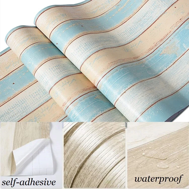 Peel and stick pink blue Korean wallpap design pvc wood stripe wallpaper rolls for home decoration wall sticker