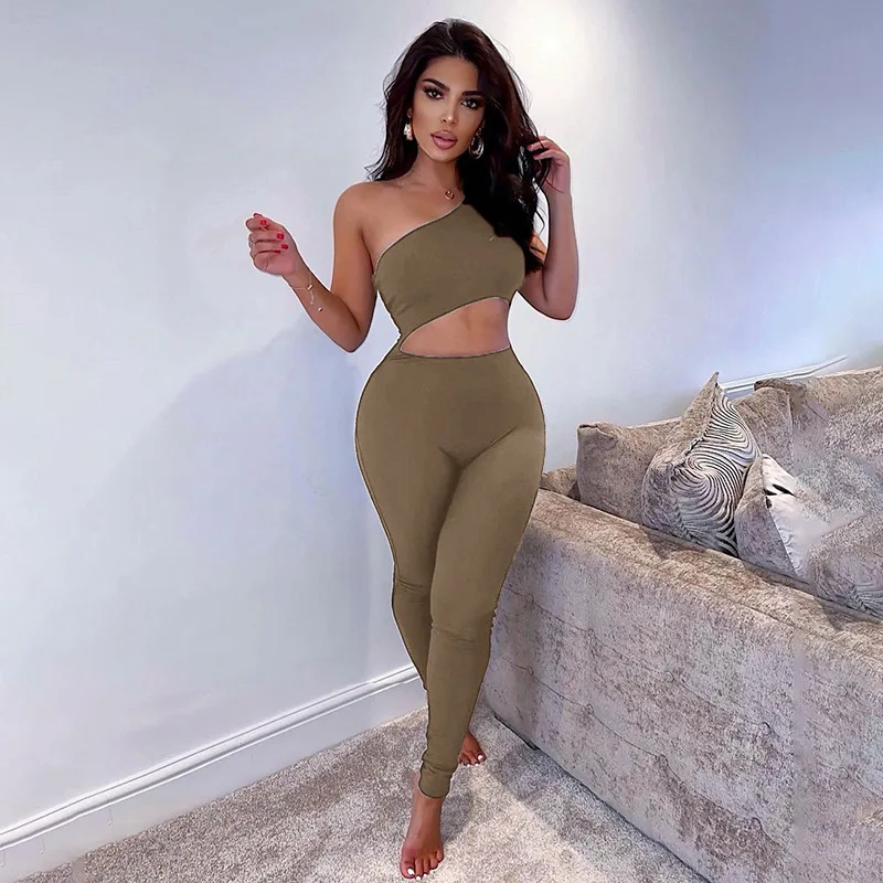 
QC - JY21136PF 2021 Newest fashion rompers womens solid hollow out front backless one shoulder sexy womens jumpsuits summer 