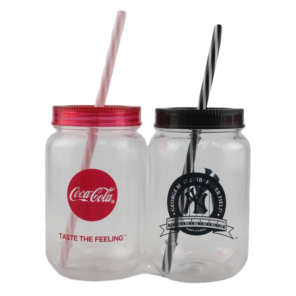 Round Shape Mason Jar with Plastic Straws. 18 Oz. Each. Old Fashion Drinking Glasses - Pack of 4.