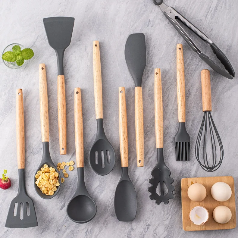Cheap 12pcs set Silicone Kitchen Utensils Wooden Handle Non Stick Pot Baking Cooking Spoon Brush Silicone Sets