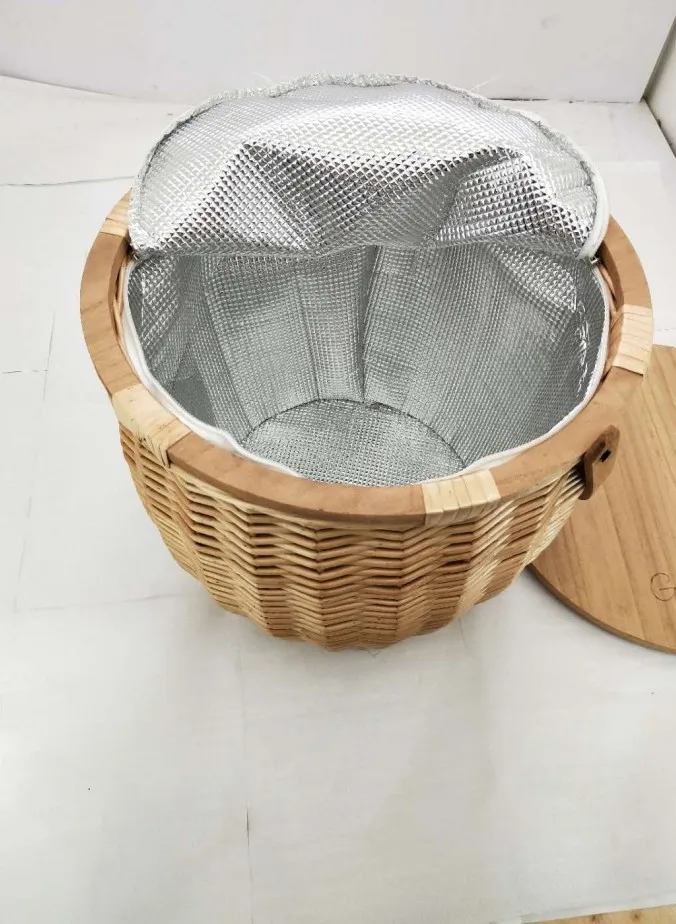 Round Wicker Picnic Basket With Wood Lid And Put Down Handle Storage Baskets