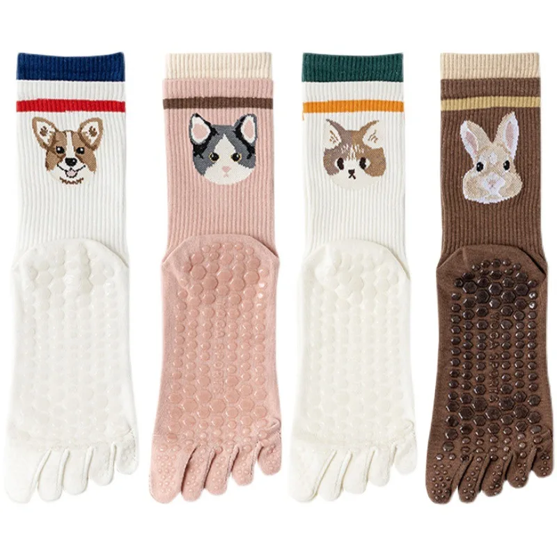 Combed cotton five fingers socks with silicon fashionable cute cartoon college style stockings five split toe socks
