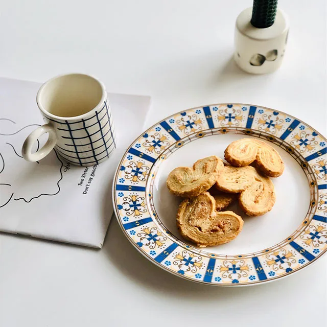 New gold thread blue vintage lace ceramic dessert plate cutlery plate disc breakfast