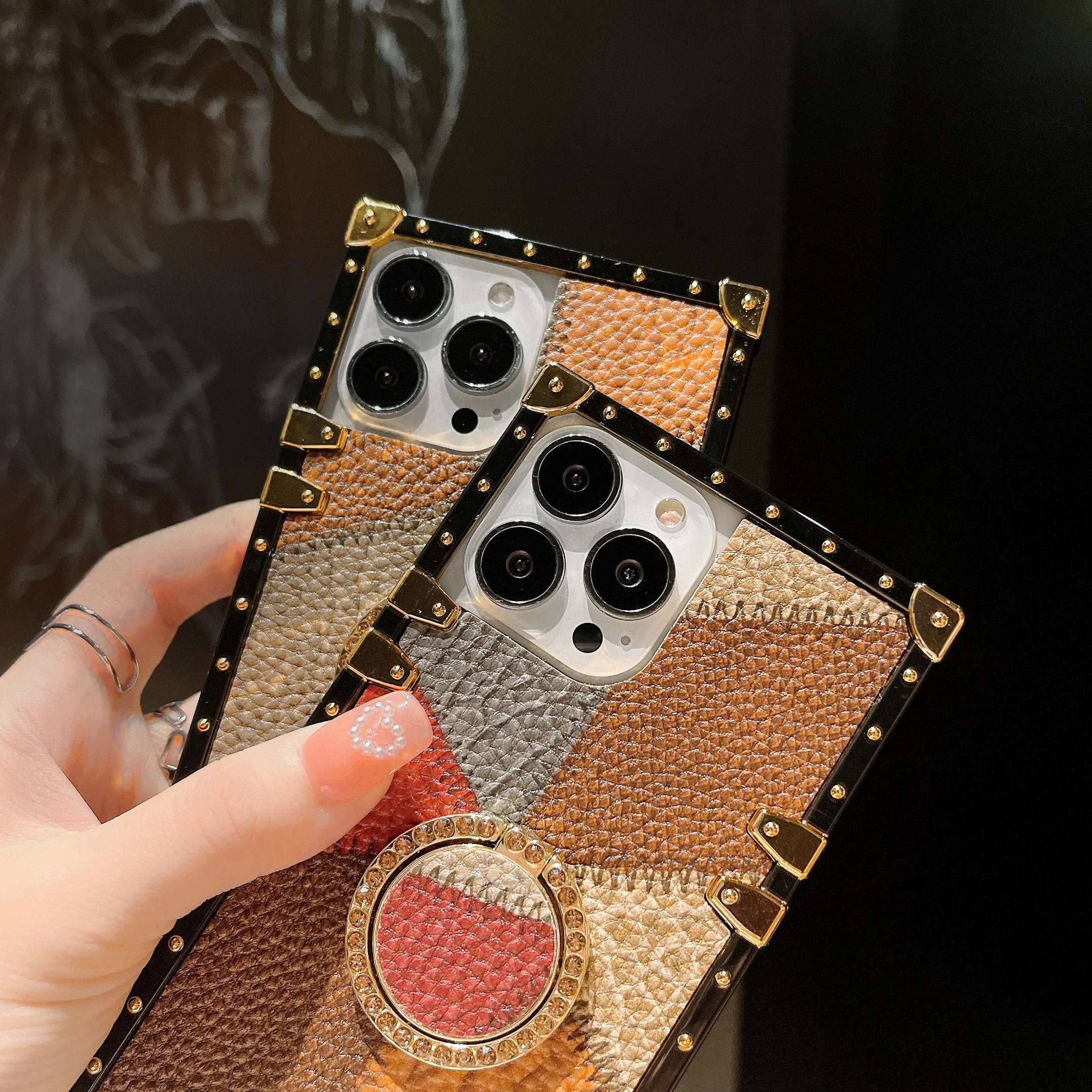 Luxury Square PU Leather Case Fashion Geometric Vintage Patch Lattice Leather Phone Cover For iphone 13 Pro max 12 min xs max 8