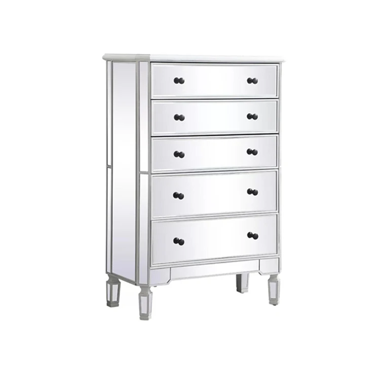 Nordic Modern Silver Mirror Glass Tallboy Dresser Cabinets Chest of 5 Drawers of Bedroom