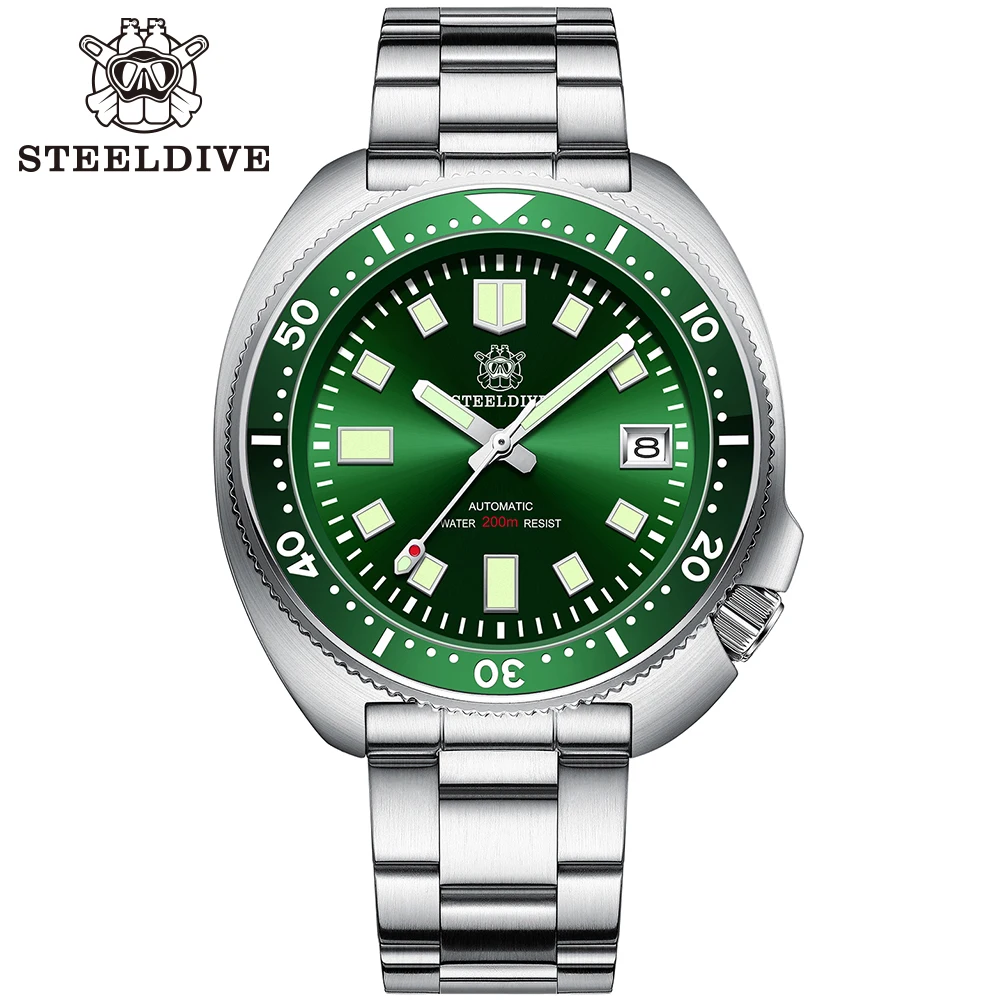  Новое поступление 2020 STEELDIVE резиновый ремешок SD1970-GR двухцветный светящийся зеленый керамический Безель NH35 200 м 6105 водолазные
