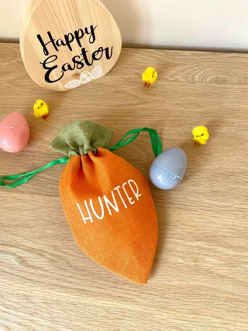 Blank Linen Carrot Easter Personalized Bag Kids Gift Storage Drawstring Vinyl Sublimation Easter Basket Decor Candy Egg Gift Bag