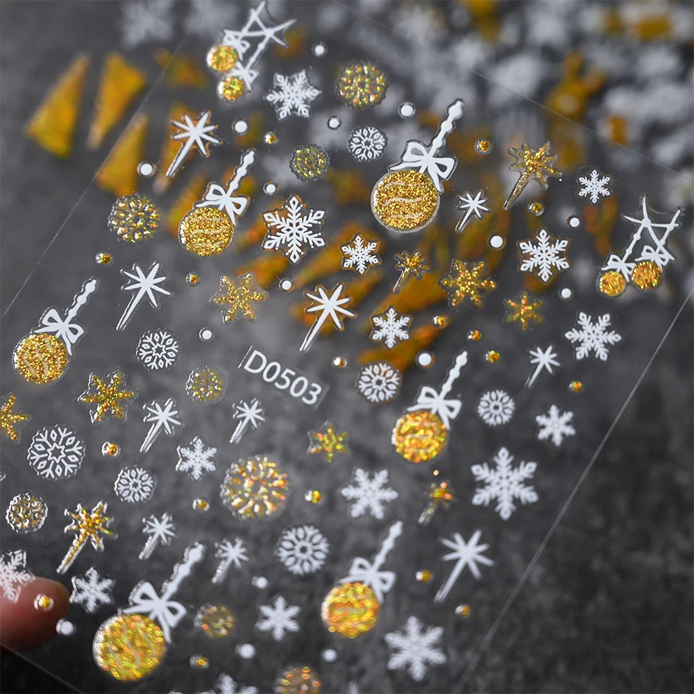 3D Christmas Nail Stickers 10*8cm Snowflake Flowers Pattern Nail Art Decals Laser Silver Gold Xmas Winter Sliders Nail Decals