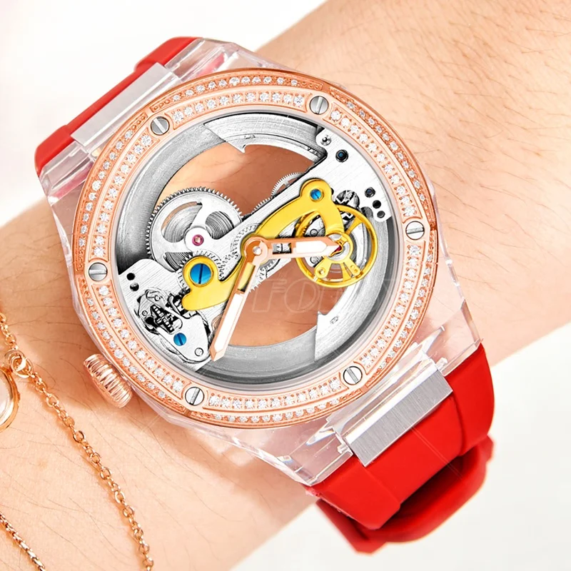 Bling Female Transparent Red Rubber Silicone Hand Square Wrist Luxury Automatic Mechanical Lady Watch Women