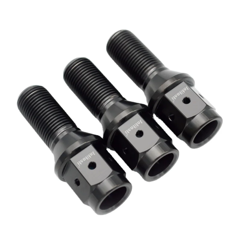 Black Color Extended Drilled 17mm Hex 60 Degree Cone Seat Gr.5 Titanium Wheel Bolt M14x1.5x28mm
