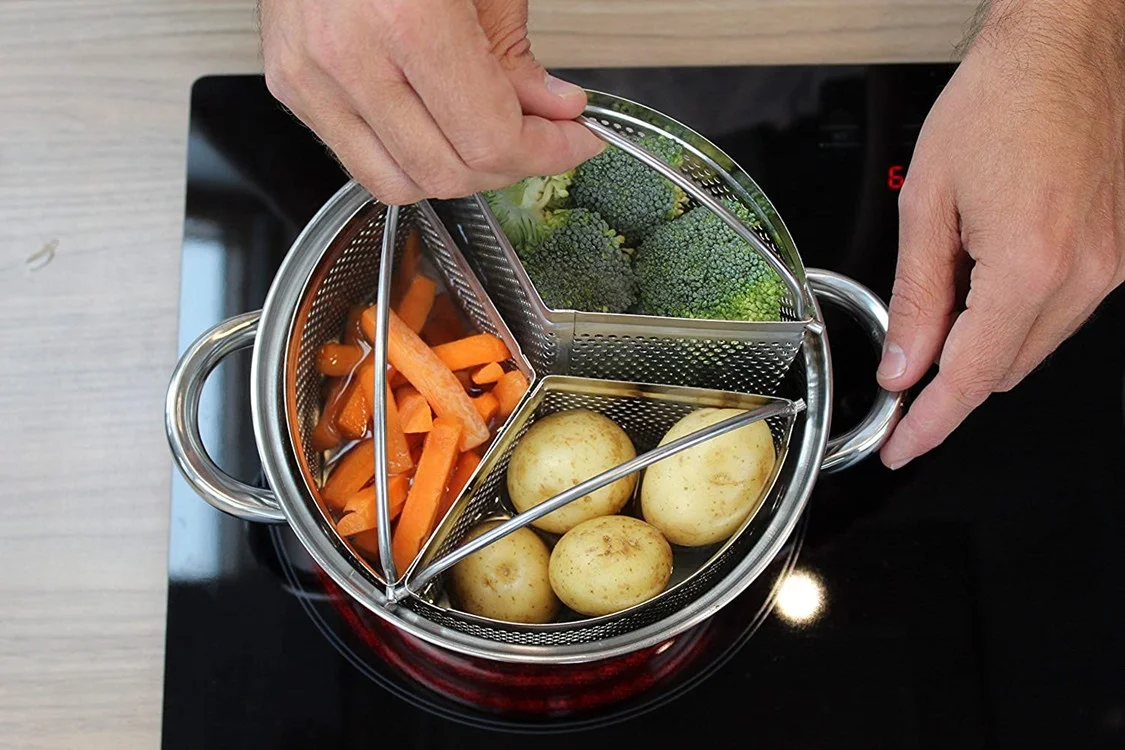 England Style Kitchen Baskets 18cm Stainless Steel Vegetable Steamer Basket Triple Divider and Separator Set