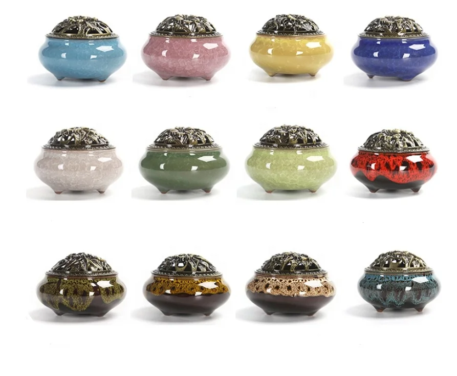 cheap censer sandalwood  fresh home usage Ceramic pottery Ice crack smoke coil incense burner holder  for mediation yoga