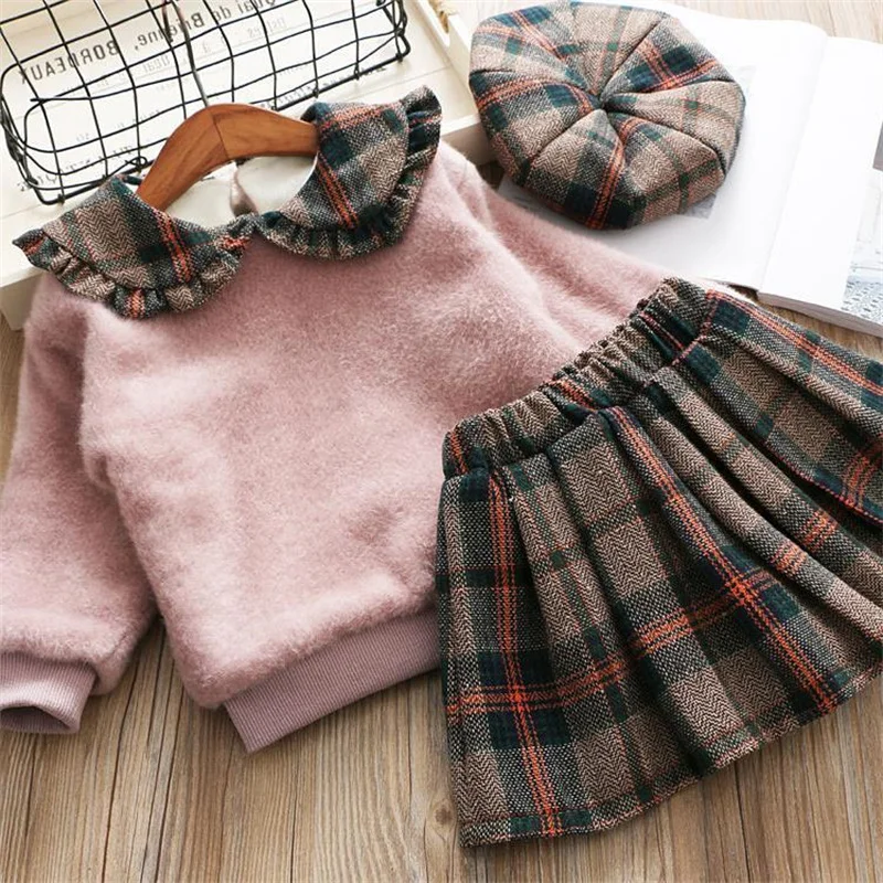 Ms-4 Toddler Baby Girls Dresses Designs Sweatshirt+Skirt+Caps Girls Clothing Sets Wholesale Winter Clothes for Kids Girls