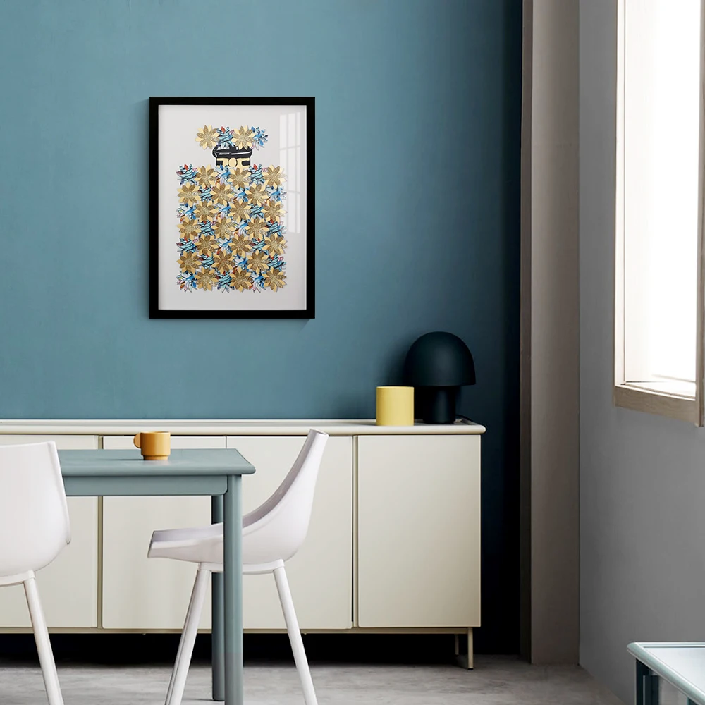 3D painting on wall perfume bottle golden foil and glitter picture flowers framed art work painting living room wall