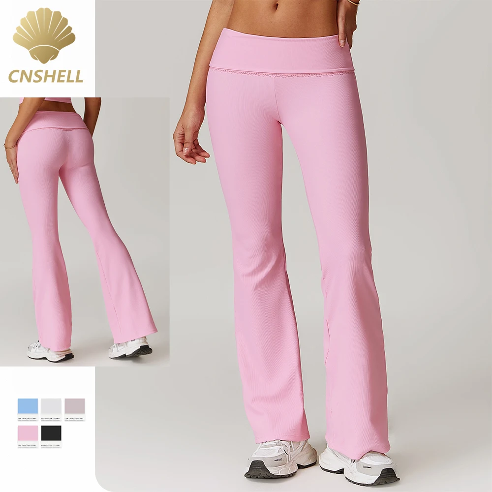 CNSHELL Custom Logo Nylon Tight Ribbed Lace Fold Over Waistband Yoga Workout Gym Fitness Sports Flared Legging