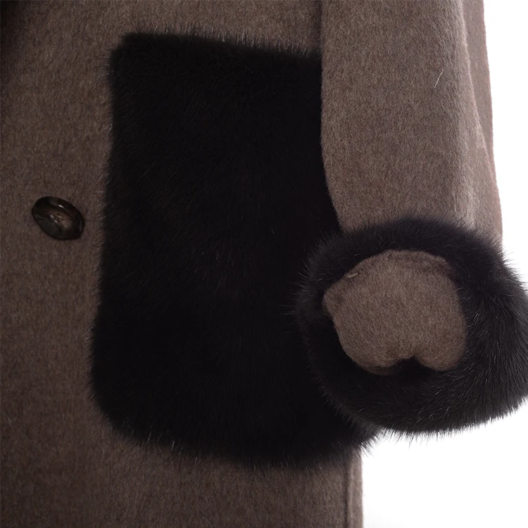 Jtfur Fashion Winter Warm Fur Collar Pocket Double Face Wool Jacket Wool Coat With Real Mink Fur