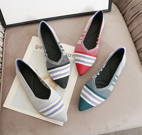 Pointed Toe Slip On Flats Flying Knitting Socks Loafers Shoes Plaid Leopard Walking Flat Dress Ballet Shoes