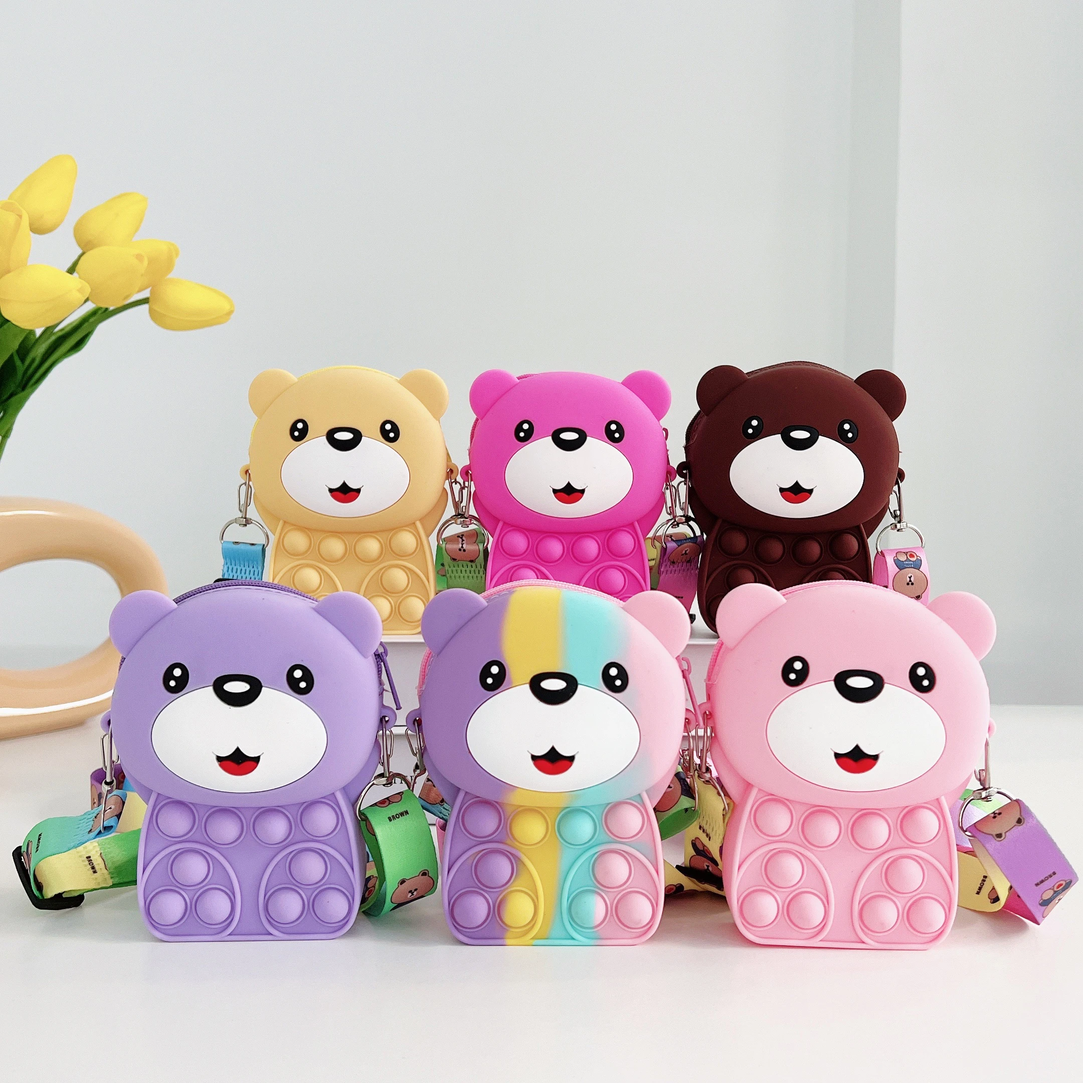 Waterproof Stress Relief Coin Purse Cartoon Bear Silicone Shoulder Bags for Kids or Ladies