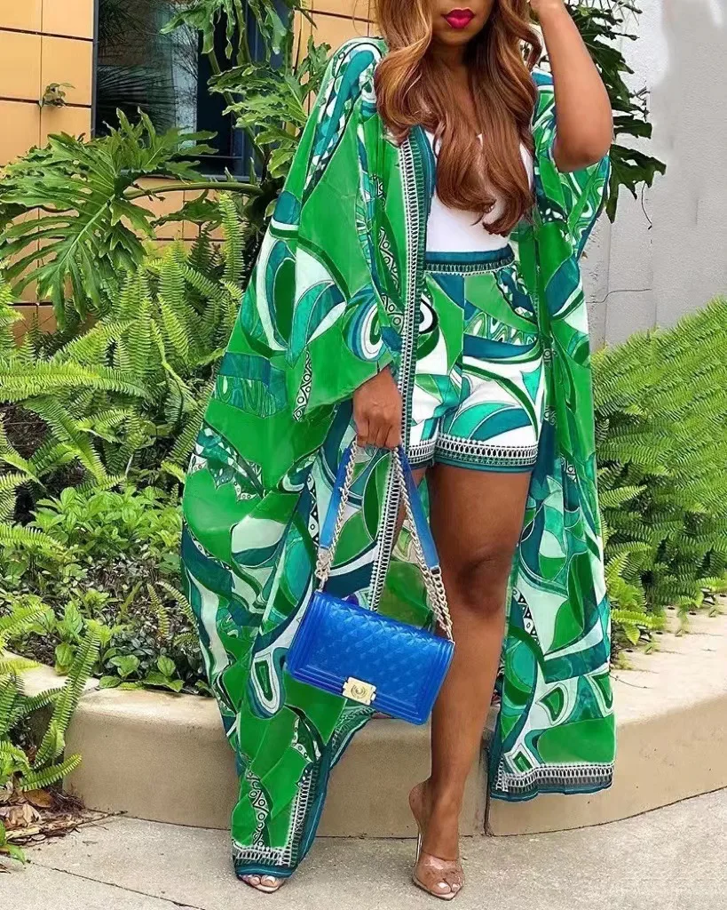 Z104608 2023 green blue plus size lon sleeve floral print summer women pants 2 piece sets kimono for women