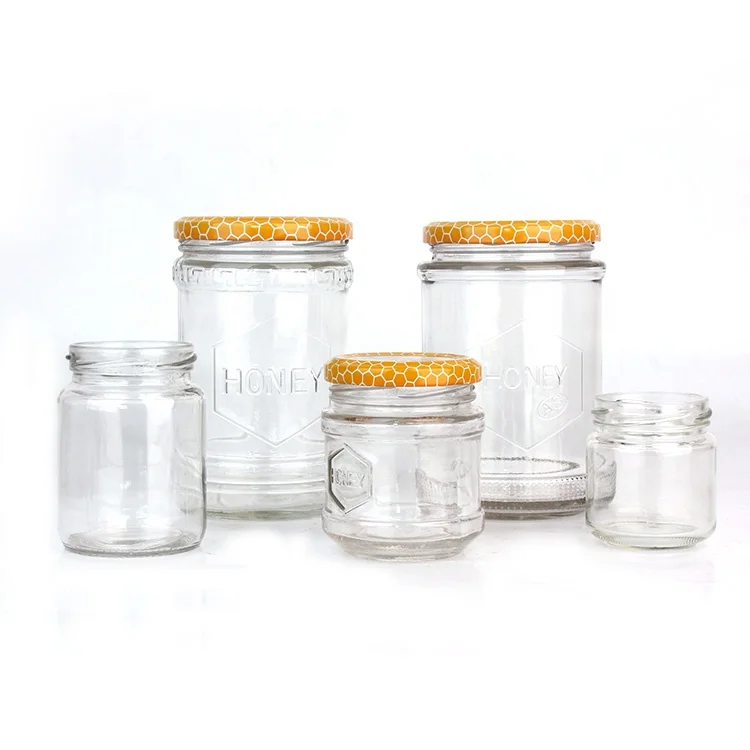 Stocked 100ml 300ml 700ml clear honey jam glass food bottles honey jar with metal lid