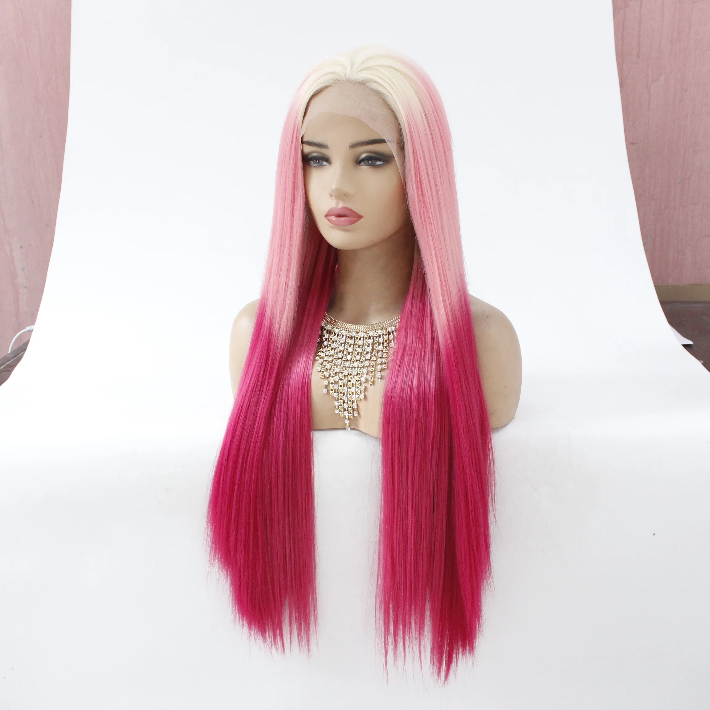 LINDALHAIR Ombre розовые красные супер длинные прямые парики глубокая средняя часть кружева Фронтальная парик несколько цветов длинный прямой