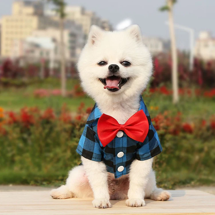 Pet Clothing Dropshipping Agent Dog Shirts Fashion Bowknot Plaid Shirts Cotton Pet T-Shirt Dog Clothes For Small Medium Dogs