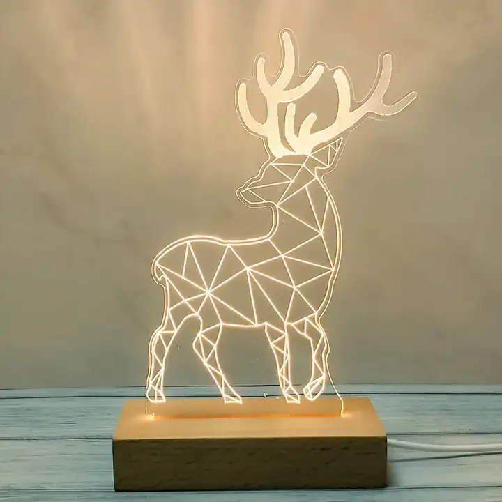warm light 3D Illusion Wood Base LED Night Light Desk Table Decoration with USB Cable Acrylic Flat Kids Birthday Christmas Gift