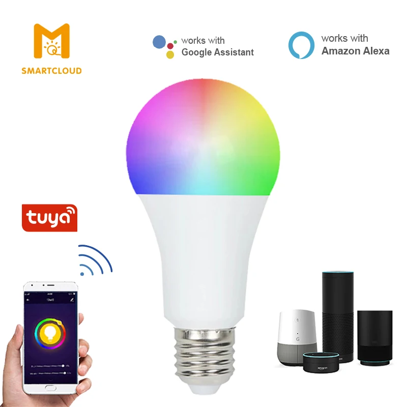  Хорошее Качество светодиодной wifi смарт-лампы A60 A19 9W 806lm tuya RGBCCT разноцветные огни Совместимость с Alexa и Google home