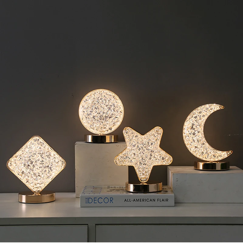 Acrylic LED Star  Moon Simple Design Round Metal Base Cordless Home Bedroom Small Decorative Table Lamp