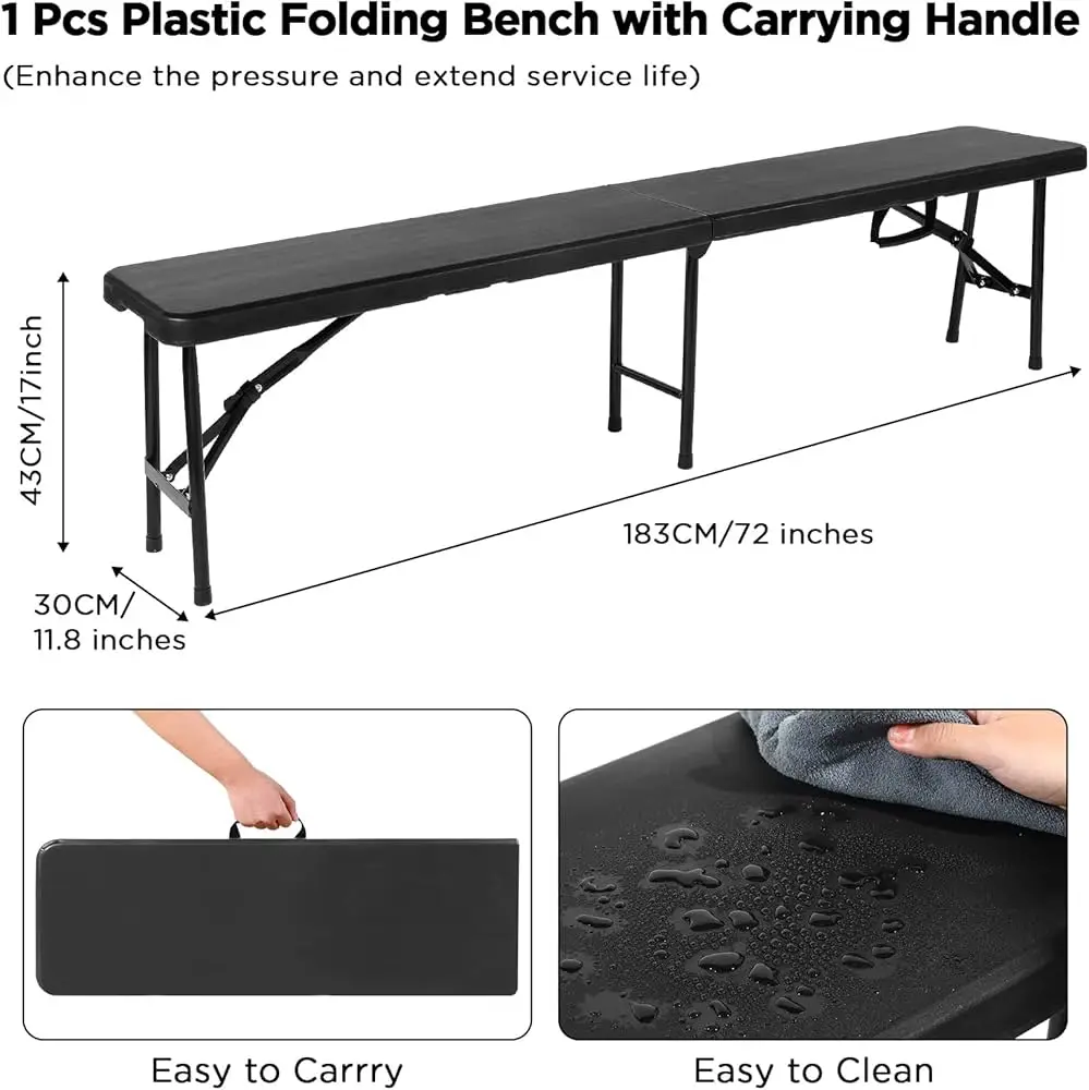 Outdoor Indoor 6FT Black Portable Plastic Folding Bench