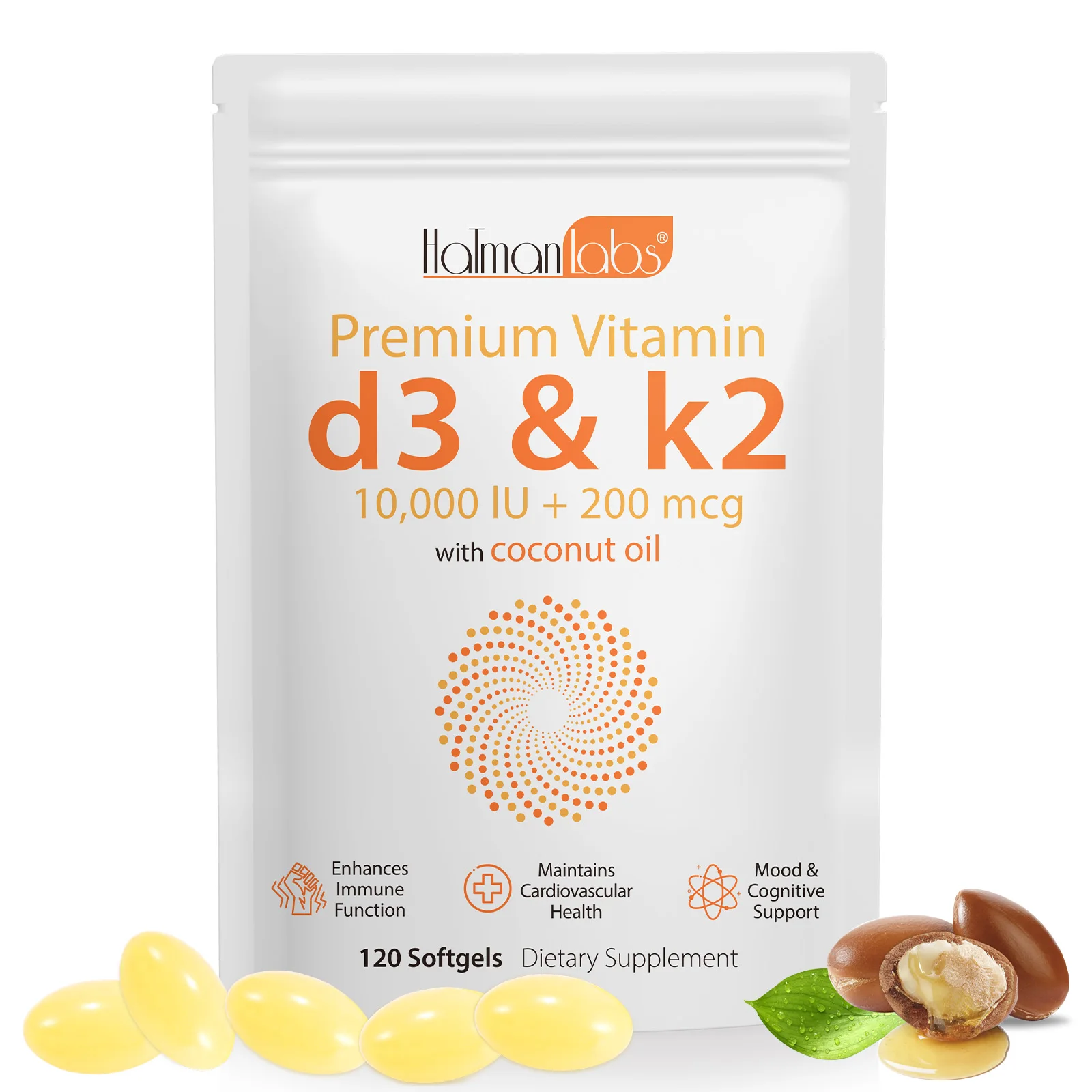 Hatmanlabs enhances immune function coconut oil vitamin d3 k2 softgels capsules supplement vitamin d3 k2 softgel