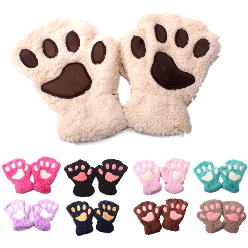 Paw Glove Cat Claw Winter Cute CosplayGril Thick Bear Paw Imitation Wool Mitt Half Finger Suede Plush Fingerless Cashmere Gloves