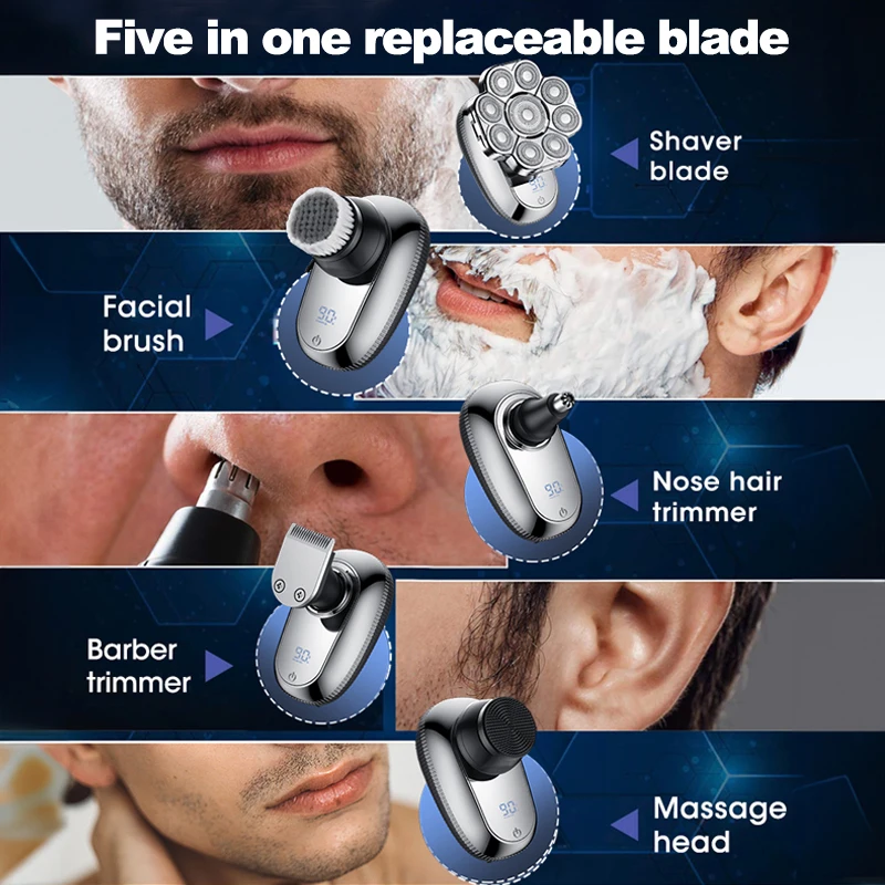 Mens Bald Nose Barber Hair Razor Electric Rechargeable Portable Mini Powerful Portable 5-in-1 Waterproof Electric Shaver